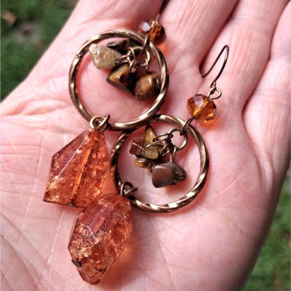 155 Vintage Semi Precious Stones Earrings Dangle Amber Tigers Eye Gold